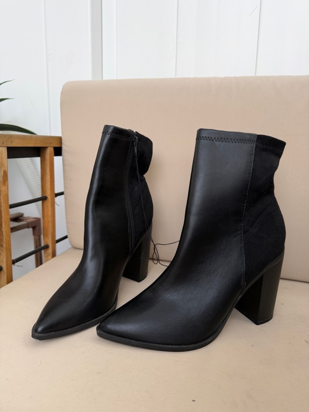 Black Pointed Toe Block Heel Ankle Boots